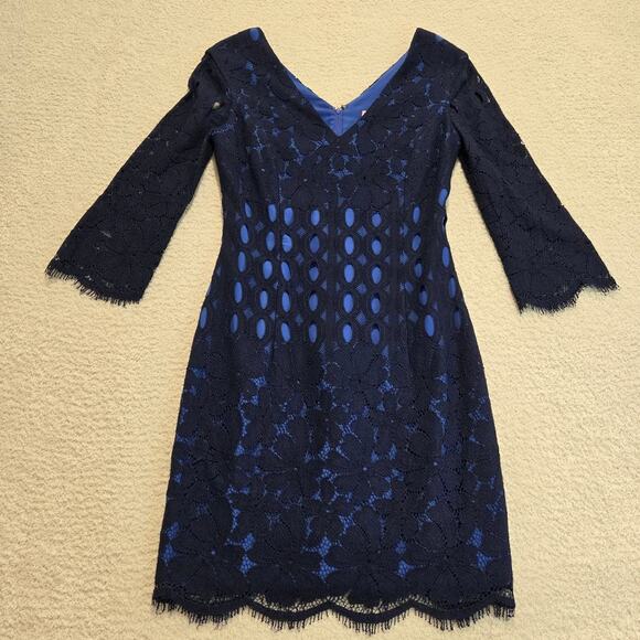 Lilly Pulitzer Macon Whitaker Lace Dress 3/4 Sleeve Navy Blue Size 0 - Picture 1 of 10